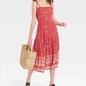 Knox Rose Red Boho Midi Dress Smocked Tie Strap Floral Size Large